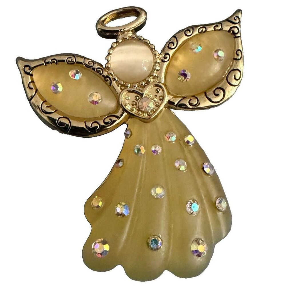 Vintage Signed KC Kenneth Cole Angel Brooch Pin Gold Tone Moonglow Rhinestones